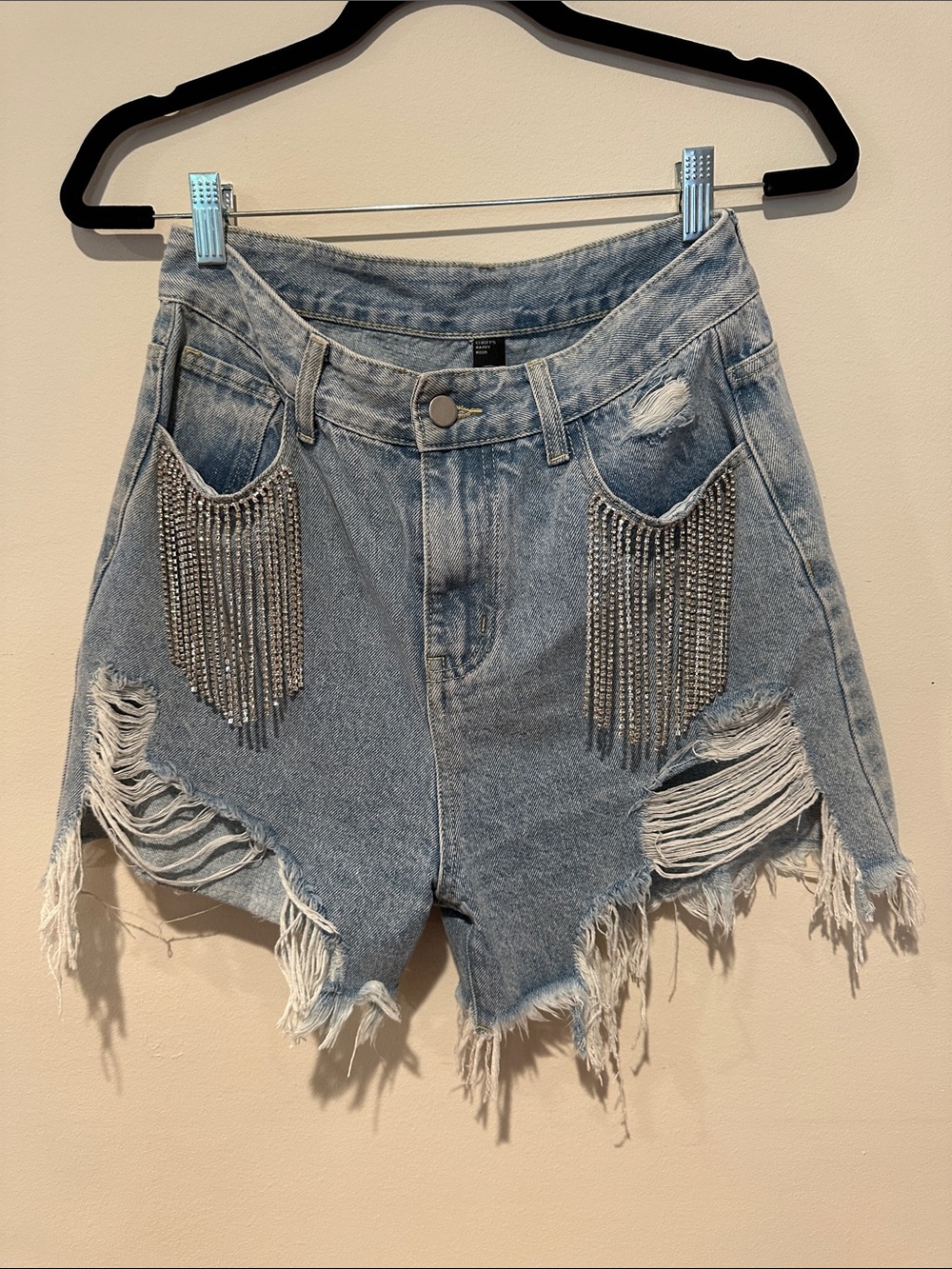 Cider Light Blue Distressed Denim Shorts with Rhinestone Fringe